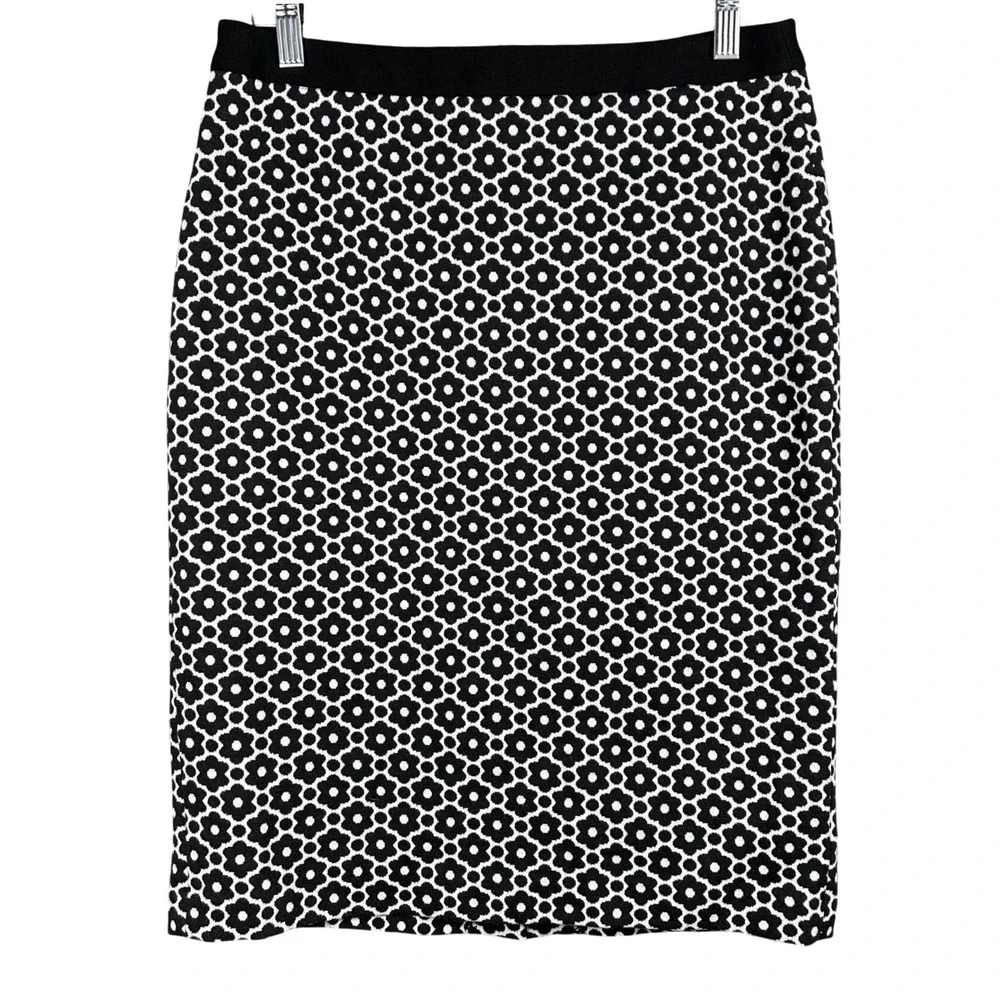 Talbots Womens Black White Retro Floral Geometric Pencil Skirt 6 Stretch Knit